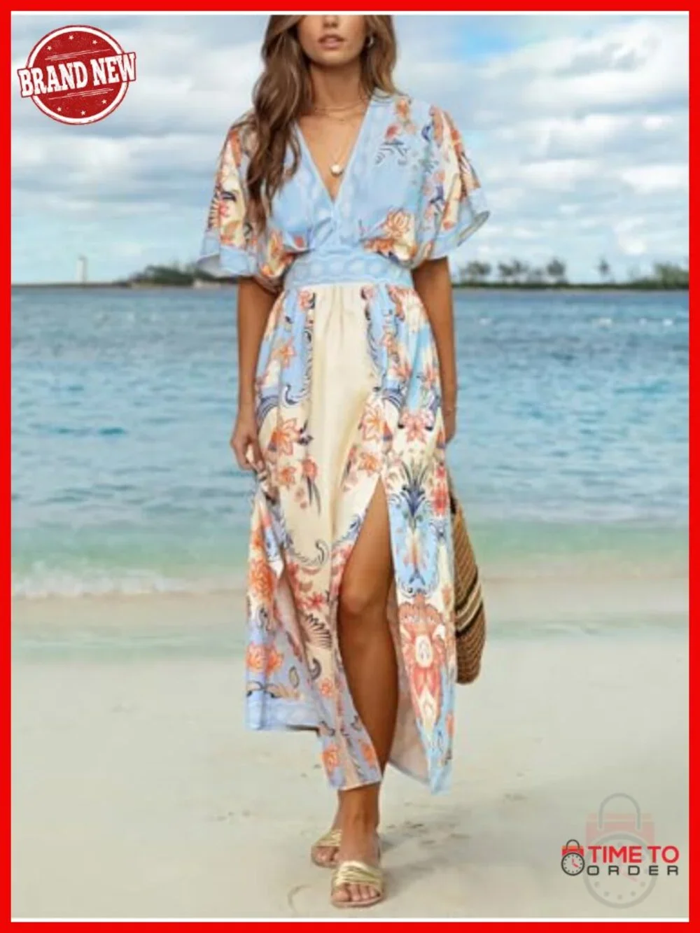 Women's Boho Maxi Dress V-Neck Half Sleeve Side Slit Empire Waist